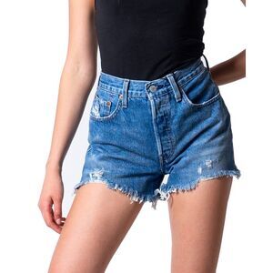 Levi`s 501 Denim Shorts Distressed Frayed Hem Women Blue